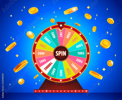 Wheel of Fortune with gold 3d coins, lottery, luck. Roulette, casino, success and win. Vector illustration in flat style.