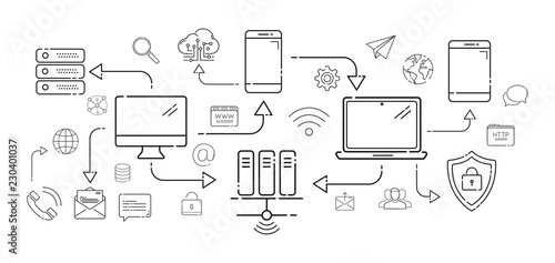 Multimedia tech devices and icons thin line connection on white background