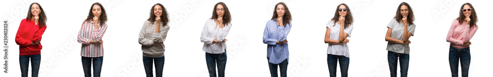Composition of young brazilian woman isolated over white background looking confident at the camera with smile with crossed arms and hand raised on chin. Thinking positive. Composition of young brazilian woman isolated over white background looking confident at the camera with smile with crossed arms and hand raised on chin. Thinking positive.