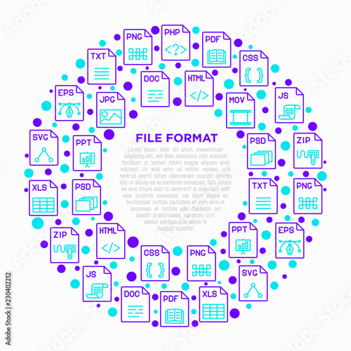 File formats concept in circle with thin line icons: doc, pdf, php, html, jpg, png, txt, mov, eps, zip, css, js. Modern vector illustration, print media template.