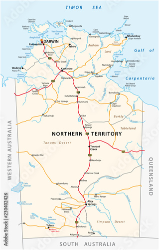 Vector road map of the Northern Territory, Australia