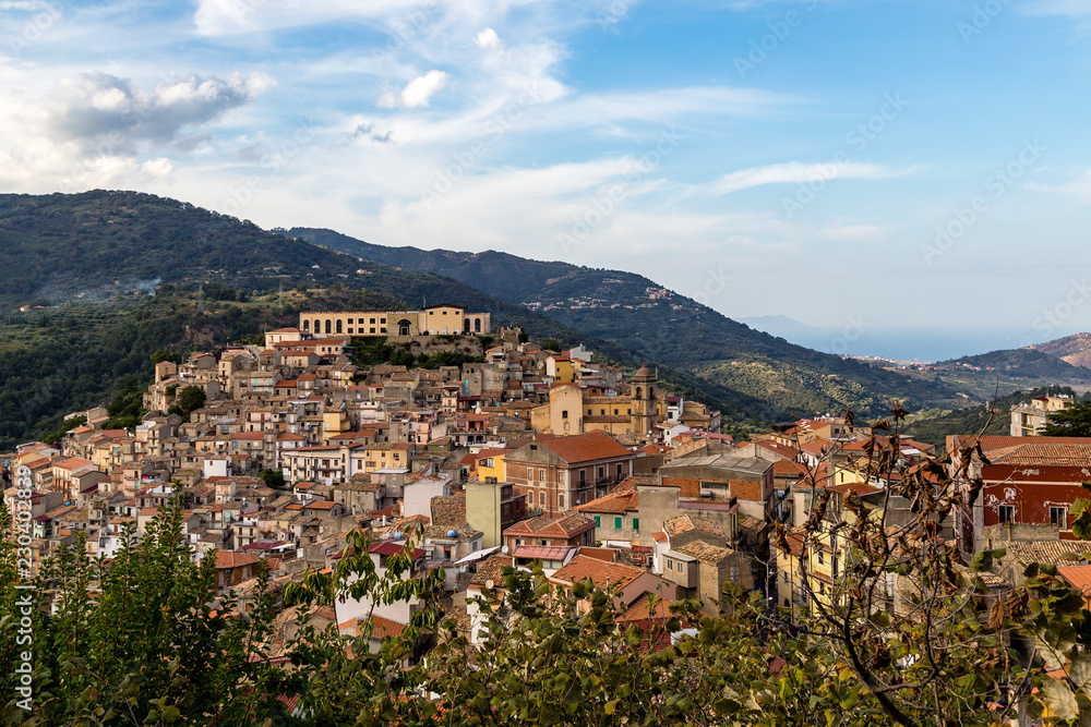 View of San Piero Patti, a beautiful village in the Nebrodi Mountains Park in Sicily, province of Messina, Italy