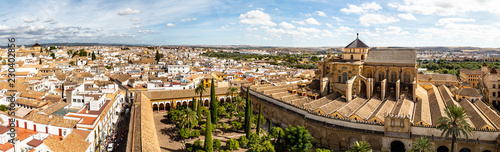 Panoramic view of Mezquita, Catedral de Cordoba, from the Bell tower, the former Minaret of the Moorish mosque. Cordoba, Andalucia, South of Spain. The cathedral is a UNESCO world heritage site.