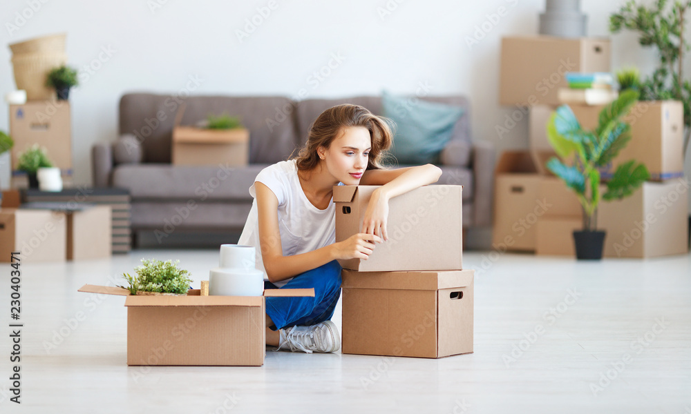 happy girl with boxes moves to new apartment happy girl with boxes moves to new apartment