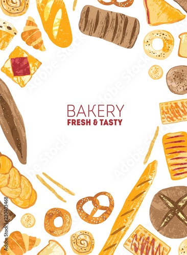Creative vertical background with border made of tasty breads, buns, baguette...