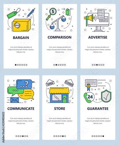 Vector web site linear art onboarding screens template. Shopping and sales advertisement. Call center and chat support. Menu banners for website and mobile app development. Modern design flat