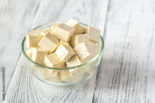 Tablou pe pânză Cut tofu in the glass bowl