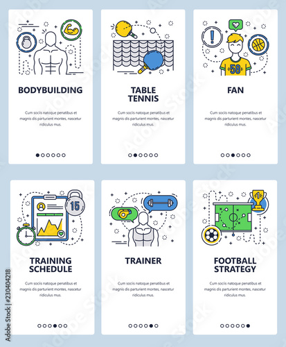 Vector web site linear art onboarding screens template. Sport and fitness. Bodybuilding and football trainer. Menu banners for website and mobile app development. Modern design flat illustration.