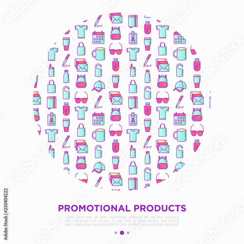 Promotional products concept in circle with thin line icons: notebook, tote bag, sunglasses, t-shirt, water bottle, pen, backpack, cup, hat, travel mug. Vector illustration, print media template.