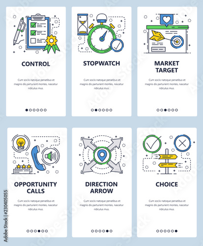 Vector web site linear art onboarding screens template. Marketing and sales icons. Target market and cold calls. Menu banners for website and mobile app development. Modern design flat illustration.