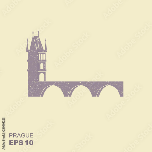 illustration of Charles Bridge, Prague. Flat icon with scuffed effect