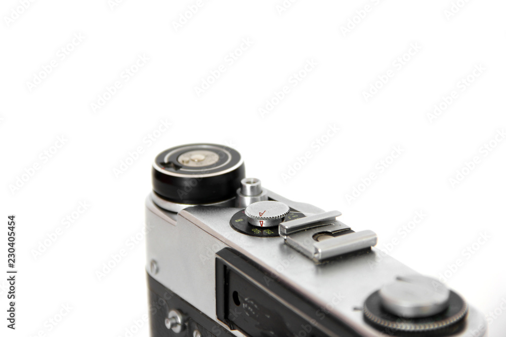Old camera close up on a white background Old camera close up on a white background