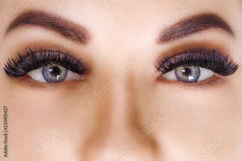 Eyelash Extension Procedure. Woman Eye with Long Eyelashes. Close up, selective focus. Hollywood, russian volume photo