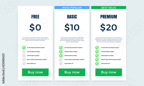 Price table plan vector web design. Product subscription or price plan comparison options of Free, Premium and Basic