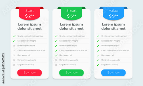 Price table plan vector web design. Product price plan comparison options banners for Start, Smart and Value subscription plan
