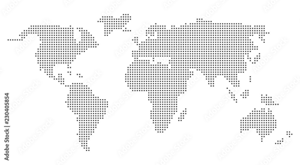 Fototapeta premium Szary wzór pikseli mapy świata. Mapa świata wektor w kwadraty.