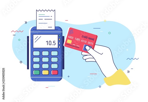 Hand holding debit or credit card, waving it over electronic terminal or reader and paying or purchasing. Contactless payment system or technology. Colorful modern vector illustration in flat style.