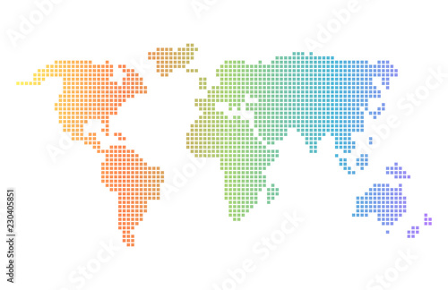 Rainbow gradient pixel world map. Colorful vector world map in squares.