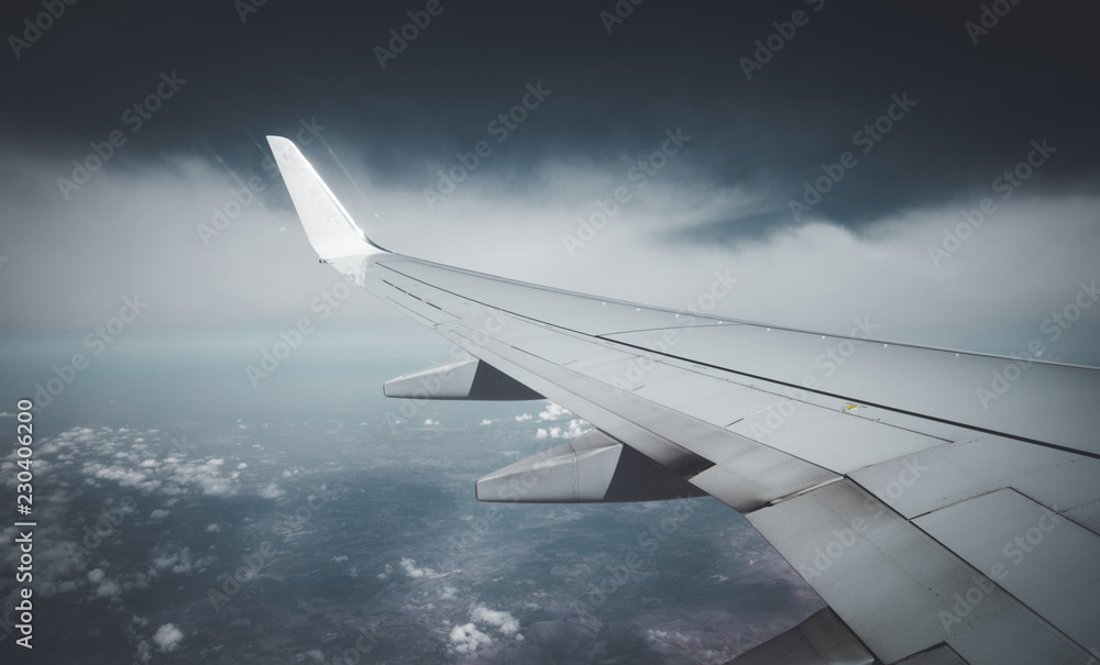 Obraz premium airplane wing with skyline and sky