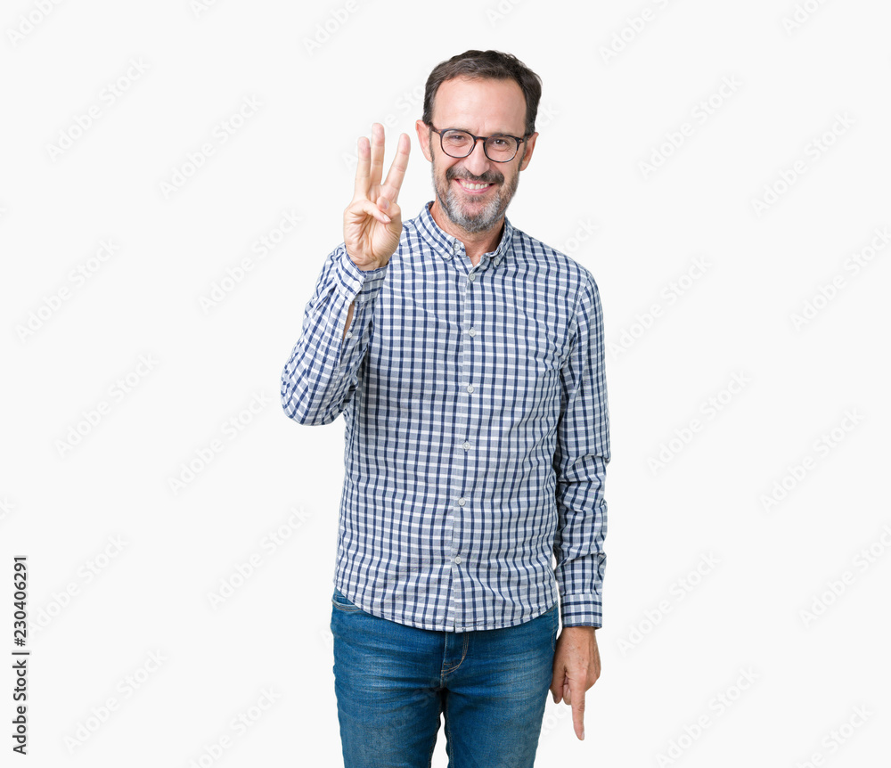 Handsome middle age elegant senior business man wearing glasses over isolated background showing and pointing up with fingers number three while smiling confident and happy. Handsome middle age elegant senior business man wearing glasses over isolated background showing and pointing up with fingers number three while smiling confident and happy.