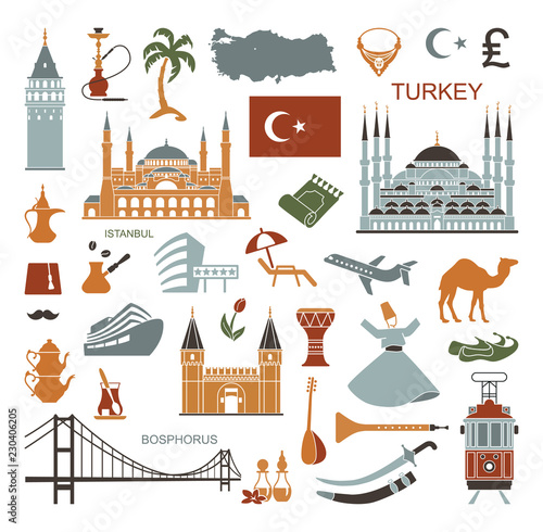 Set of country Turkey culture and traditional symbols. Collection of flat icons
