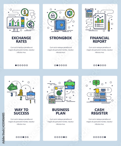 Vector web site linear art onboarding screens template. Finance, money and currency exchange rate. Business plan and cashbox. Menu banners for website and mobile app development. Modern design flat