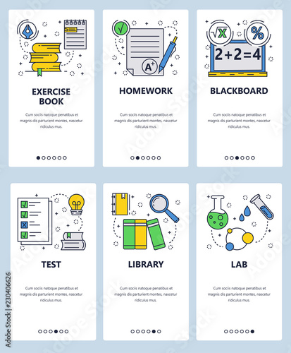 Vector web site linear art onboarding screens template. School education, library, books and chemistry lab. Math equation on blackboard and test results. Menu banners for website and mobile app