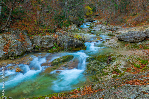 Stunning landscape of a mountain river among large stones in the mountains in autumn