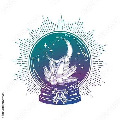 Hand drawn magic crystal ball with gems and crescent moon line art and dot work. Boho chic tattoo, poster, tapestry or altar veil print design vector illustration.