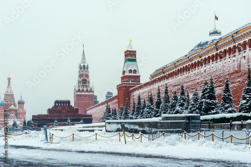 Winter view of the Kremlin and Lenin's Mausoleum on Red Square in the center of Moscow, the capital of Russia attractions