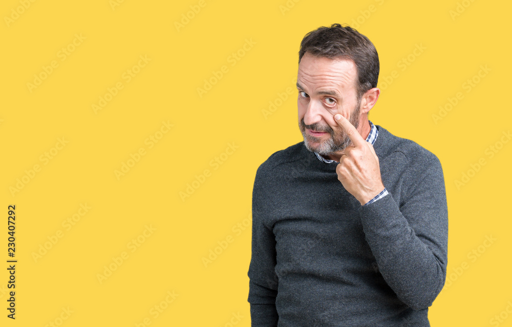 Handsome middle age senior man wearing a sweater over isolated background Pointing to the eye watching you gesture, suspicious expression Handsome middle age senior man wearing a sweater over isolated background Pointing to the eye watching you gesture, suspicious expression