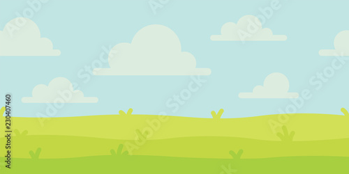 Bright nature landscape with sky, hills and grass. Rural scenery. Field and meadow. Vector illustration in simple minimalistic flat style. Scene for your artwork and design. Horizontal composition.