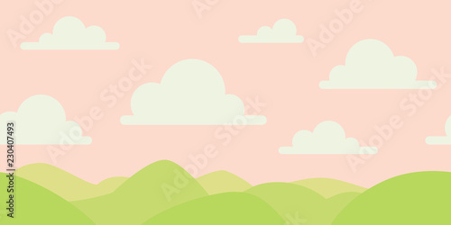 Soft nature landscape with pink sky, green hills. Rural scenery. Sunrise time. Vector illustration in simple minimalistic flat style. Scene for your artwork and design. Horizontal composition.