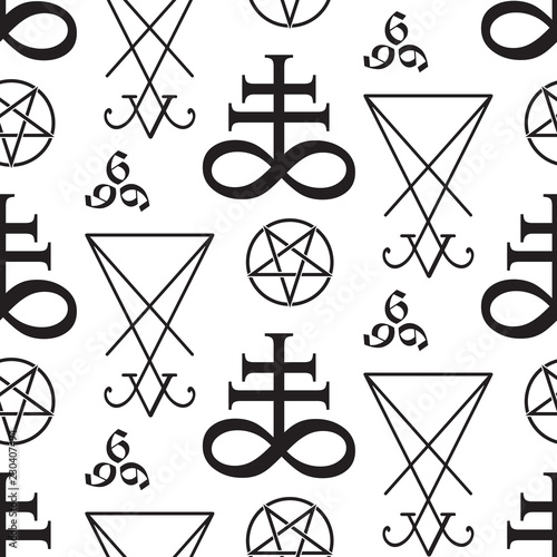 Seamless pattern with occult symbols Leviathan Cross, pentagram, Lucifer sigil and 666 the number of the beast hand drawn black and white isolated vector illustration paper or fabric print design.
