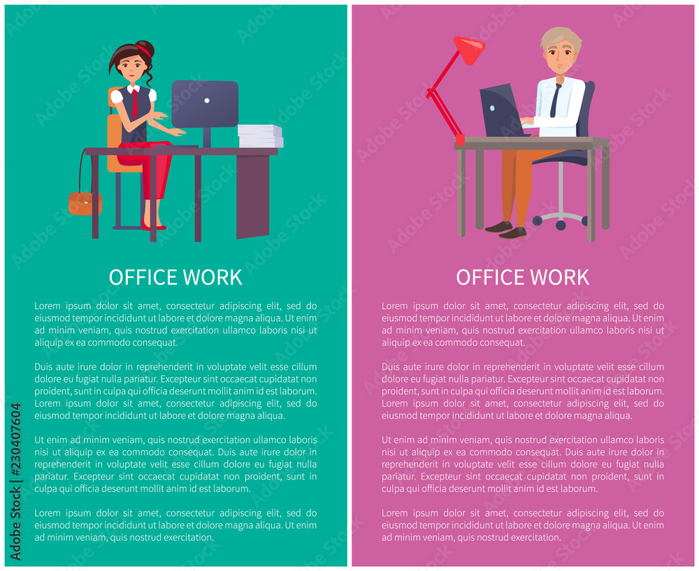 Office Work Banners Set Vector Workers Pages Text Office Work Banners Set Vector Workers Pages Text