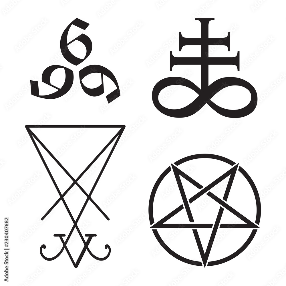 Set of occult symbols Leviathan Cross, pentagram, Lucifer sigil and 666 the number of the beast hand drawn black and white isolated vector illustration. Blackwork, flash tattoo or print design. Stock Vector