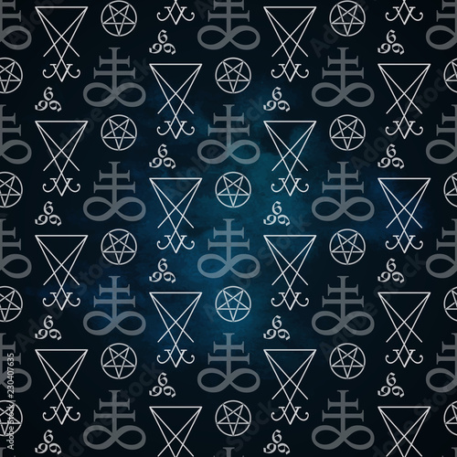 Seamless pattern with occult symbols Leviathan Cross, pentagram, Lucifer sigil and 666 the number of the beast hand drawn black and white isolated vector illustration paper or fabric print design.