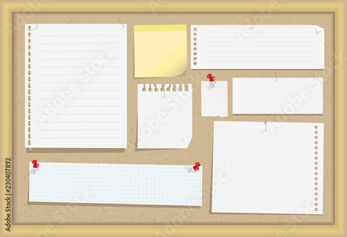 Cork message board with wood frame, different note papers, stick note and pins. Vector illustration. - Illustration