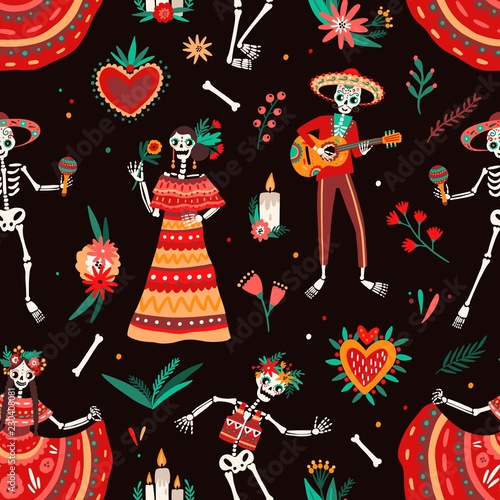 Day of The Dead motley seamless pattern with skeletons dressed in traditional Mexican clothes playing guitar and dancing. Vector illustration in flat cartoon style for national holiday celebration.