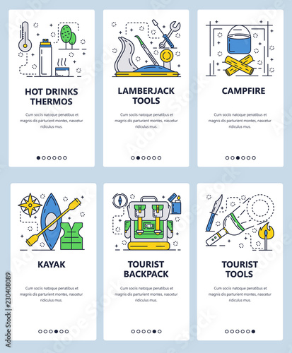 Vector web site linear art onboarding screens template. Outdoor camping tools. Kayak, campfire, backpack. Menu banners for website and mobile app development. Modern design flat illustration.