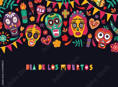 Horizontal banner template with Dia De Los Muertos inscription decorated with...