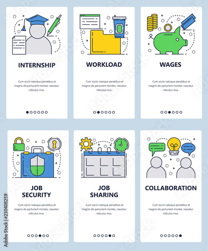 Vector web site linear art onboarding screens template. Job, intenship and team collaboration. Menu banners for website and mobile app development. Modern design flat illustration.