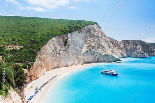 Beautiful Porto Katsiki beach with sailing boat, Lefkada island, Greece photo