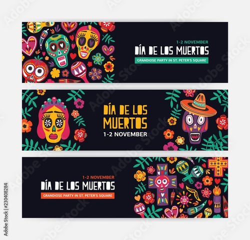 Collection of horizontal web banner templates decorated with Mexican calavera...