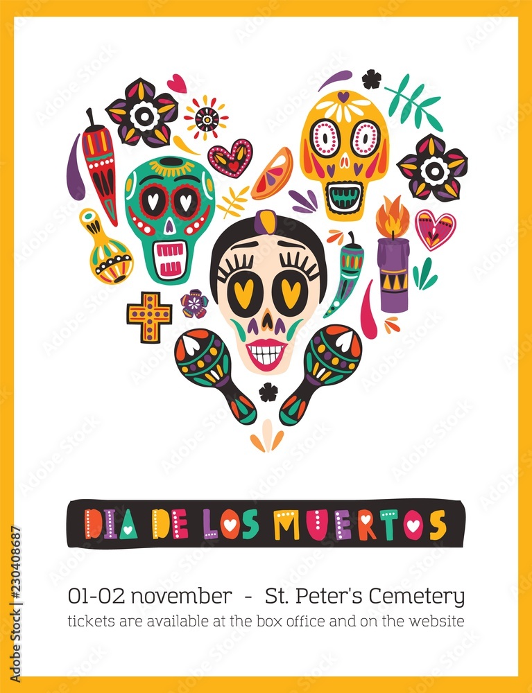 Holiday poster or flyer template decorated by Mexican calaveras or skulls, candles, maracas, flowers organized in heart. Celebratory vector illustration for Day of The Dead party advertisement.