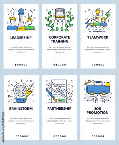 Vector web site linear art onboarding screens template. Business partnership, corporate training and teamwork. Leadership and brainstorm. Menu banners for website and mobile app development. Modern