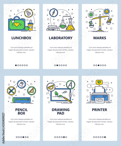 Vector web site linear art onboarding screens template. School accessories and icons. Chemistry lab, test grades, printer. Menu banners for website and mobile app development. Modern design flat