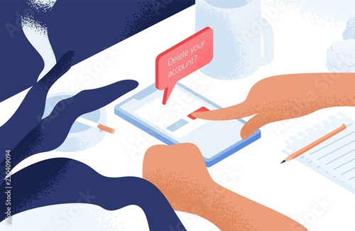 Hands deleting account or profile from social network on smartphone lying on table or desk. Concept of digital detox, information ecology, staying away from online communication. Vector illustration.