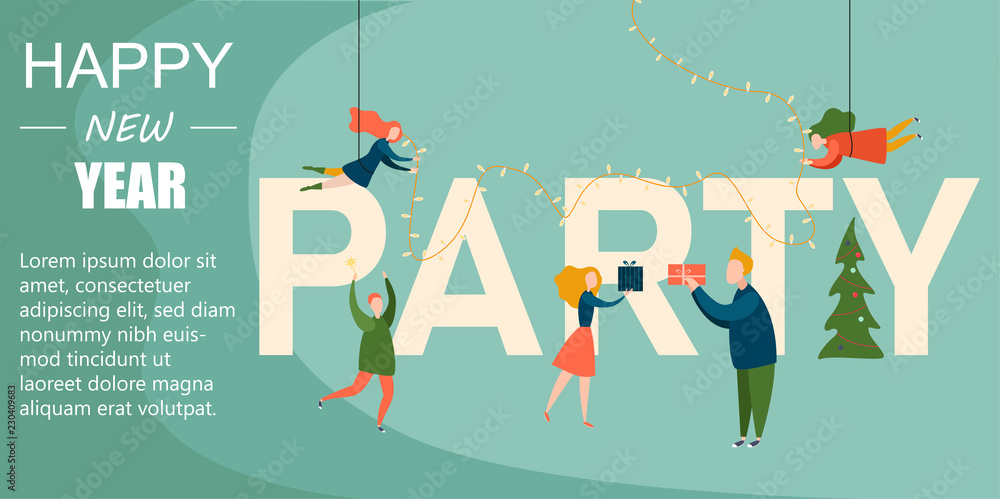 New Year party banner or landing page template with people.