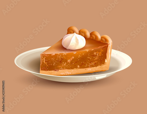 Pumpkin pie on plate. Traditional dessert for Thanksgiving dinner. Vector illustration.